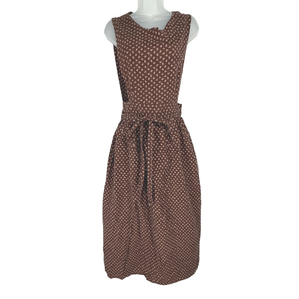 Vintage Handmade Brown Floral Pinafore Jumper Maxi Dress Wrap Tie Prairie Boho